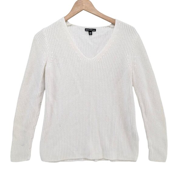 J.CREW Mercantile V Neck Sweater Womens White Ribbed Knit Cotton Pullover Sz XXS - Picture 1 of 8